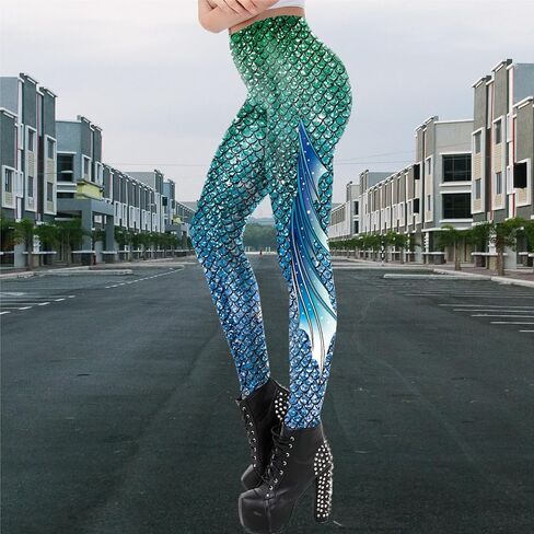 Mermaid Leggings for Women Yoga Print Pants Plus Size Fish Scale High Waisted Halloween Costume Tights in Saudi Arabia