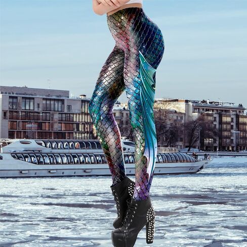 Mermaid Leggings for Women Yoga Print Pants Plus Size Fish Scale High Waisted Halloween Costume Tights in Saudi Arabia