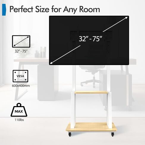 Mobile TV Stand for 32 to 75 Inch TVs, All Hardware Include Tilt & Height Adjustable Rolling TV Stand with Lockable Wheels up to 110lbs, Laptop Shelf Portable Outdoor Floor Stand Max VESA 600x400 in Kuwait