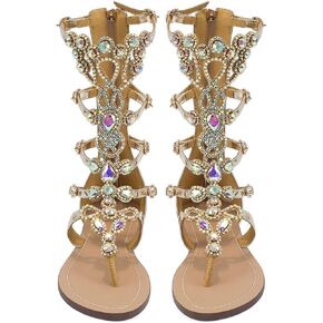 Hinyyrin Women's Rhinestone Gladiator Sandals Stylish Flats for Summer Beach Weddings
