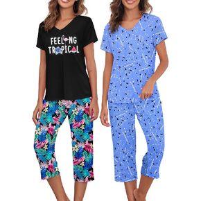 Century Star 2 Pack: Summer Pajama Sets for Women Soft Pjs 2 Piece Lounge Sleepwear Set Short Sleeve Capri Pajamas Sets