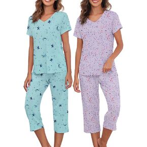Century Star 2 Pack: Summer Pajama Sets for Women Soft Pjs 2 Piece Lounge Sleepwear Set Short Sleeve Capri Pajamas Sets