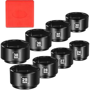 8 Pieces 3/8" Drive Low Profile Oil Filter Socket Set, Metric Size 24mm 27mm 28mm 29mm 30mm 32mm 36mm 38mm, Chrome Vanadium Steel, 6 Point, Oil Filter Cap Remover and Installer Tool Set