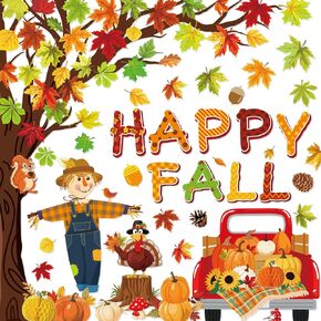 89Pcs Happy Fall Bulletin Board Decorations Set Fall Tree Pumpkin Maple Leaves Turkey Cutouts with Glue Points for Halloween Thanksgiving Autumn Home School Classroom Wall Chalkboard Decor