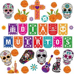 HOWAF 36 PCS Day of The Dead Bulletin Board Decorations, Dia De Los Muertos Mexican Paper Cutouts Bulletin Board Stickers with Glue for Classroom School Party Supplies Skull Cat Chrysanthemum Cutouts