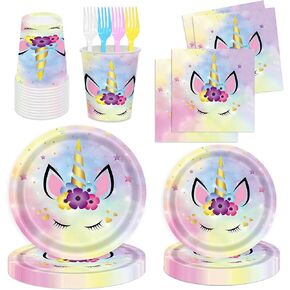 168pcs Unicorn Birthday Party Supplies with Unicorn Banner for Girls, 24 Serves Unicorn Disposable Tableware Set with Plates, Cups, Napkins, and Cutlery Sets for Unicorn Themes Party Kids