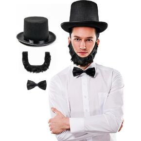 Abraham Lincoln Costume- 3 Pcs Black Top Hat Costume Set with Authentic Beard and Traditional Bowtie- Historic Presidents Day Costume for Adults - Patriotic Costume