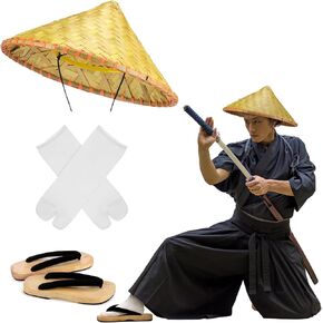 3 قطع من إكسسوارات زي الساموراي الياباني، قباقيب خشبية يابانية مع جوارب تابي وقبعة ساموراي للرجال والنساء in Kuwait