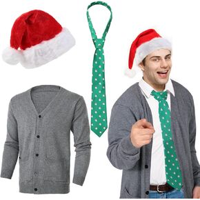 Suhine 3 Pcs Christmas Men 1980s Movie Costume Cardigan Sweater Christmas Tie Santa Hat for Adults Halloween Holiday Party