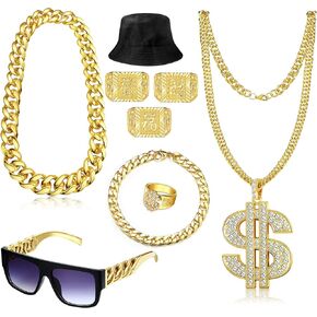 Florideco 80s 90s Accessories Outfit For Men Women Hip Hop Costumes Outfit Fake Gold Chain Money Chain Twist Leg Punk Sunglasses Dollar Sign Finger Ring Kanji Ring Rapper Accessories