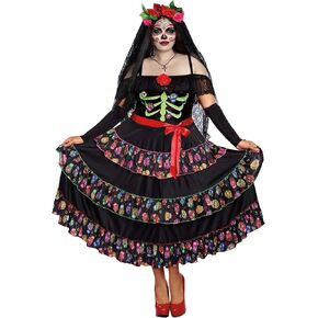 Dreamgirl Womens Lady of The Dead Costume, Adult Day of The Dead Halloween Costume