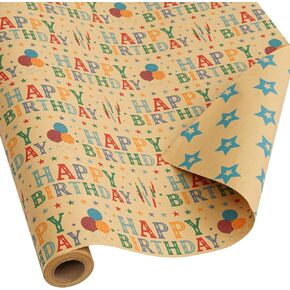 BOLIANNE Kraft Birthday Wrapping Paper Roll for Boys Girls Kids Men Women - Reversible Happy Birthday Gift Wrap Paper Roll for Holiday Party - 1 Gift Wrapping Paper Roll, 17.2 Inch X 33 Feet