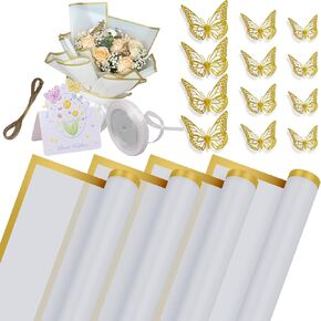 FreshDear 20 Sheet Floral Bouquet Wrapping Paper Set with 24 Yards Satin Ribbon, 5 Yards Jute Twine, 12 3D Gold Butterflies, and 5 Greeting Cards - Ideal for Wedding and Gift Decorations (Pastel Pink)