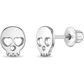 925 Sterling Silver Heart Eye Skull Safety Screw Back Earrings For Little Girls & Preteens - Adorable Children's Halloween Earrings - Tiny Polished Skull Earrings For Young Girls