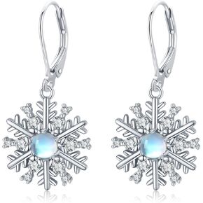 Snowflake Earrings 925 Sterling Silver Moonstone Snowflake Drop Earrings Stud Earrings Hypoallergenic Snowflake Jewelry Birthday Christmas Gifts for Women Girls