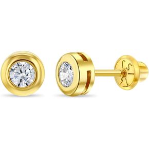 14k Yellow Gold Clear Round Cubic Zirconia Screw Back Earrings For Toddlers and Little Girls - Sparkling Clear CZ Stud Earrings For Young Girls