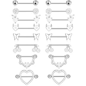 Akeoqi 8 Pairs Nipple Rings Tongue Ring 14G Stainless Steel CZ Ball Butterfly Cherry Heart Apple Straight Nipple Barbells Body Piercing Jewelry for Women Silver Red Tone 16mm