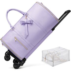 Rolling Garment Bags For Travel, Luxury Duffel Bag with Wheels,3-in-1 Suit Luggage Bag for Women Business Trip & Travel With Shoe Pouch, Foldable PU Leather Carry On Garment Bag, Purple