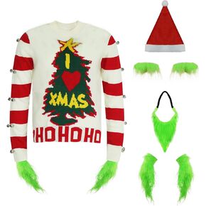 Christmas Sweater for Women 3D Xmas Crew Neck Pullover Men Red Striped Knit Sweater Santa Hat Beard Gloves Set