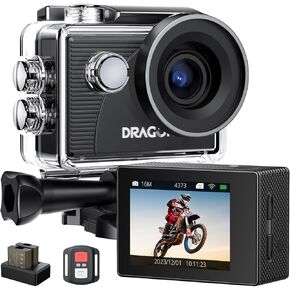 Dragon Touch 4K Underwater HD Action Camera, Vision 3 Pro Touch Screen 20MP 100FT Waterproof Video Camera Adjustable View Angle WiFi Sports Camcorder with Remote Control Helmet Accessories