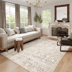 Large Area Rug for Living Room 9x12, Vintage Washable Area Rug 9x12 Non Slip Neutral Bedroom Carpet Stain Resistant Ultra-Thin Low Pile Print Floor Rug for Dining Office - Beige