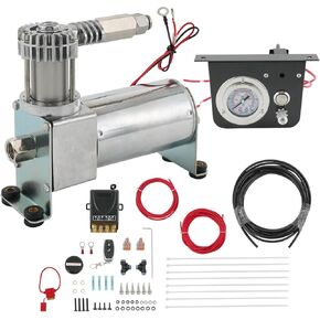 On Board Air Compressor System Replacement For Trucks Vans, includes Air Spring Compressor, Gauge, Wiring harness, Air Line and Hardware Kit