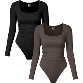 OQQ Womens 2 Piece Bodysuits Long Sleeve Square Neck Ruched Stretch Fitted Bodysuits