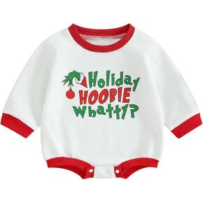 Eadrioss Infant Baby Girl Boy Christmas Outfit Long Sleeve Crewneck Romper Sweatshirt Bodysuit Pullover Xmas Winter Clothes (White Green- Holiday, 12-18 Months)