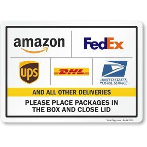 SmartSign 10 x 14 inch “Please Leave Packages in The Box and Close Lid" Metal Sign with Delivery Logos, 40 mil Laminated Rustproof Aluminum, Multicolor, Made in USA