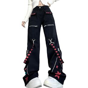Y2K Grunge Goth Vintage Casual High Waist Straight Wide Leg Zipper Red Star Straps Trim Jeans Cargo Pants