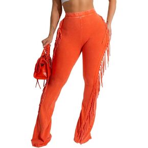Women's Casual Mid Waist Fringed Cotton Pants Elastic Waist Bodycon Pants Tassels Side Long Pants Jogger Sweatpant