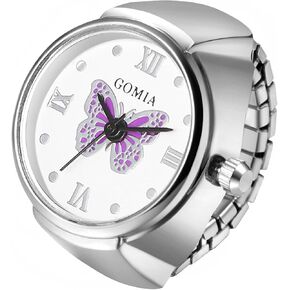 Lancardo Ring Watch for Women Elastic Band Butterfly Arabic Numerals Dial Quartz Movement Bling Silver Tone Finger Watch