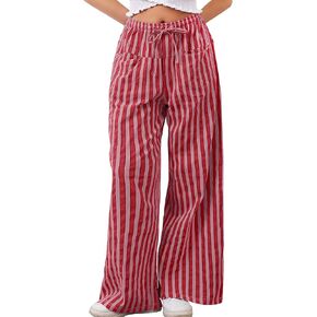 Striped Pants Women Wide Leg Trousers Drawstring Low Rise Casual Loose Lounge Pajama Pants with Pockets