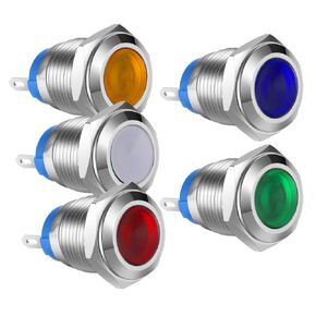 5pcs 12mm AC/DC 12-24V Stainless Steel Waterproof LED Indicator Light Metal Shell Pilot Custom Dash Signal Lamp Concave Head
