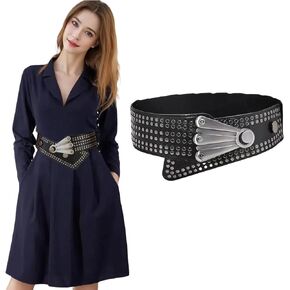 Wide Black Belt Women,Elastic Womens Studded Belt,Wide Punk Chunky Belt for 80s Retro Dresses,Fits waist up to 34 inches