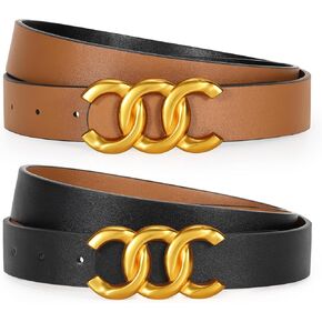 KASBAH Womens Reversible Leather Belt With Gold Buckle Two-in-One Ladies Waist Work Belt for Jeans Pants Dresses Fits 32"-36"