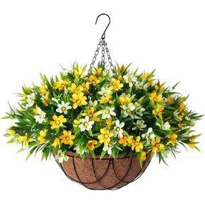Artificial Hanging Flowers with 12" Basket for Outdoor Decor, Faux Silk Daisy Flower UV Resistant Plants Arrangements Decoration for Indoor Porch Garden Yard(Purple)