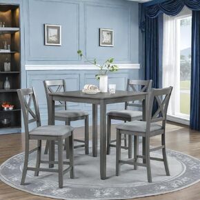 Dining Table Set for 4, Counter Height Kitchen Table with Square Table Top, Dining Table with 4 Upholstered Chairs for Living Room, Dining Room, Guset Room, Easy to Assemble, Gray