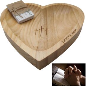Prayer Bowl Wooden, Prayer Bowls with Cards, Heart Shaped Bowl with Engraved Cross And prayer bowl Text, Enhance Home Decor or Prayer Room Ambiance