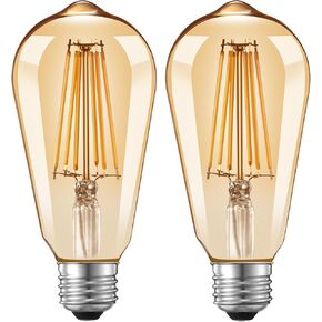 مصابيح Qualilux من الغسق إلى الفجر Edison ST58(ST19)، زجاج كهرماني عتيق، ضوء دافئ، ما يعادل 60 وات، لمبة خيوط LED للاستشعار التلقائي للتشغيل/الإيقاف في الهواء الطلق، 6.5 وات 700LM، E26، 2-Pack، HQ-H027