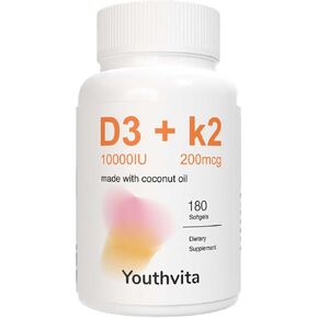 2-in-1 Vitamin D3 K2 Supplement Softgel with Coconut Oil, D3 10000 IU Plus K2 (MK-7) 200 mcg, Supports Calcium Absorption, Bone, Immune, & Heart Health, 180 Count Softgels
