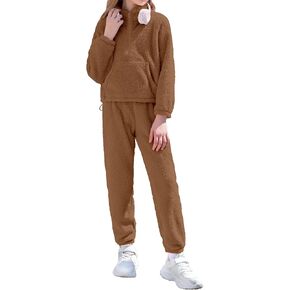Girls Clothes Winter Fleece Quarter-zip Solid Color Sweatshirt With Sweatpants Girls Clothing Set Two Piece Outfits