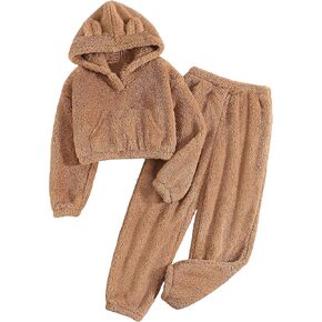 Shallmu Girls Fuzzy Bear Ear Plaid Hoodie Pullover Sweatshirt with Pocket Sweatpants Fall Winter 2 Piece Outfits