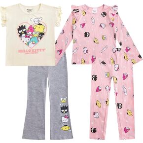 Hello Kitty Sanrio Girls Long Sleeve Shirt, T-shirt, and Pants 4 Pack Set for Big Kids