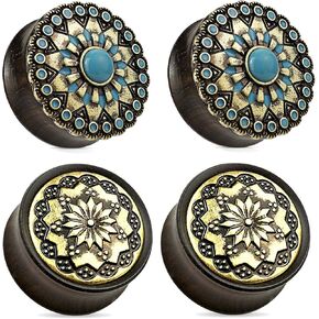 2 Pairs Black Wood Tribal Turquoise Flower Wood Ear Plugs Tunnels 0g 1/2 9/16 5/8 3/4 7/8 1 Inch