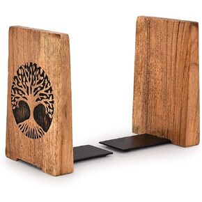 NIRMAN Office Bookends Iron & Acacia Wood Tree of Life Office Bookends for Shelves or Bookcase Heavy Bookends, Home Décor Gift (4" X 4" X 6"), (Set of 2)