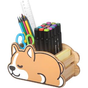 JSVER Cute Pen Holder Wooden Pencil Holder, Cartoon Dog Pattern Pen Holder For Desk, Multifunctional Pencil Cup With Sticky Notes Holder, Pencil Cups For desk,Home, Office, School