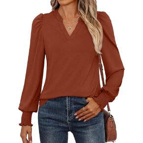 ANRABESS Women's Puff Long Sleeve Shirts V Neck Loose T-Shirts Dressy Casual Work Blouses 2024 Fall Tops Trendy Clothes