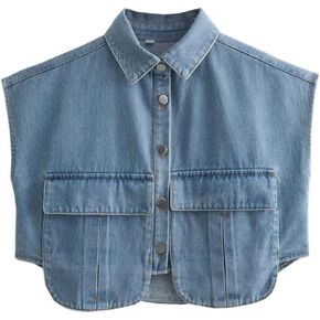 Perbai Womens Cropped Button Down Shirt Summer Collared Sleeveless Loose Denim Top with Pockets