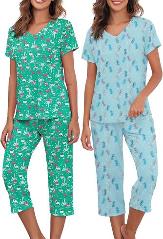 Century Star 2 Pack: Summer Pajama Sets for Women Soft Pjs 2 Piece Lounge Sleepwear Set Short Sleeve Capri Pajamas Sets in Saudi Arabia